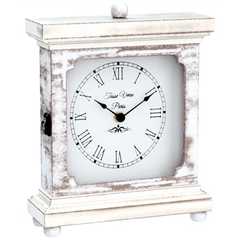 Tasse Verre Rustic Shelf Clock (Quiet) for Living Room Mantel, Table, Or Desk 9" X 7" Farmhouse Decor Distressed White Washed Wood Silent - Office Fireplace. AA Battery Operated Non-Digital, Tan - color: Tan