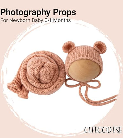 Baby Photography Props Infant Boy Girl Outfits - Crochet Knit Mohair Wrap Blanket & Bear Hat for Newborn Photo Shoots (Light Pink) - color: Light Pink