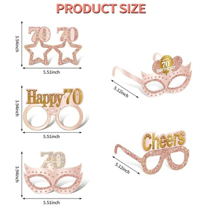 Guiruiy 24PCS 70th Birthday Paper Eyeglasses Decorations for Women, Pink Rose Gold Happy 70th Birthday Eyeglasses Party Supplies, Funny Seventy Year Old Birthday Glasses Decor - style: Rose Gold 70th