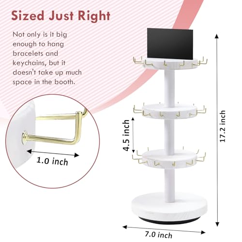 Pinzoveco Bracelet Holder, 3 Tier Wooden Rotating Bracelet Display Stand, Tree Stand Vendor Booth Display with Adversitsing Board, 36 Hooks for Bracelet, KeyChain Display Stand, White (Patent Pending) - color: Weathered White