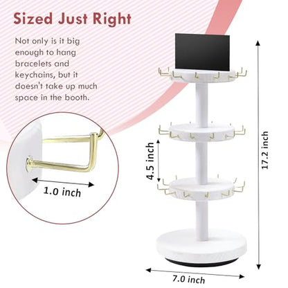 Pinzoveco Bracelet Holder, 3 Tier Wooden Rotating Bracelet Display Stand, Tree Stand Vendor Booth Display with Adversitsing Board, 36 Hooks for Bracelet, KeyChain Display Stand, White (Patent Pending) - color: Weathered White