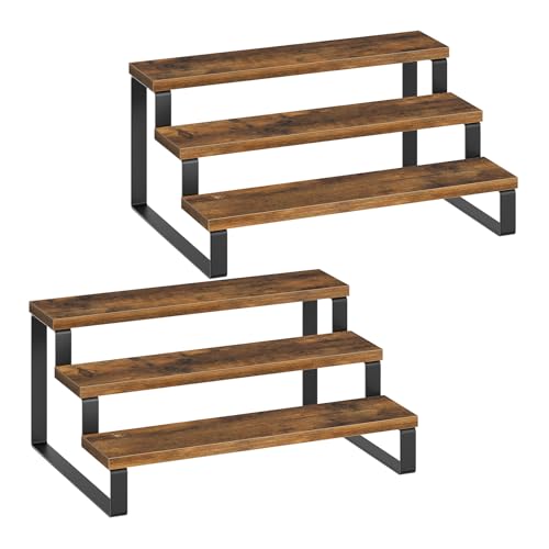 YATINEY Spice Rack, 3 Tier Wooden Display Riser Stand, Kitchen Storage Organizer for Spices, Versatile Display Shelf, Space Saving, for Kitchen Countertop and Cabinet, Rustic Brown SR03L2BR - color: Rustic Brown + Black, size: 13.8" x 6.3"