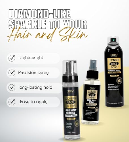 EBIN NEW YORK Wonder Lace Bond Melt Mousse 8.5 oz Bundle with Melting Spray 3.39 oz and Adhesive Spray 6.08oz Firm Hold Lace Wig Sprays, Seamless Wig Application – Gift Set (3 Items)
