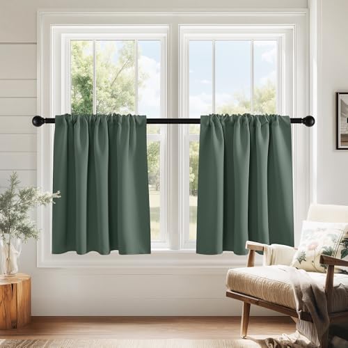 PONY DANCE Dark Green Blackout Cafe Curtains 24 inch Long, Thermal Insulated Small Window Curtains for RV Camper, Privacy Basement Short Drapes, W 29 x L 24 inches, 2 Panels Set - color: Dark Green, size: 29"W x 24"L (Pack of 2)