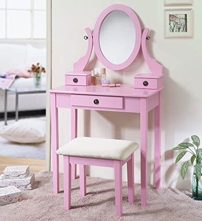Roundhill Furniture Moniys Moniya Pink Wood Makeup Vanity Table and Stool Set - color: Pink