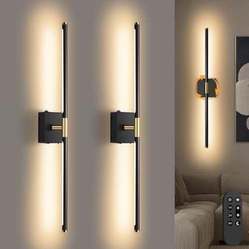 SAIMAND Wall Sconces Set of 2 Battery Operated, Wireless USB Rechargeable Wall Lights with Remote Control, 360° Rotation, 8000mAh LED Dimmable Picture Lamp for Living Room,Bedroom,Hallway (30in Black) - color: Black