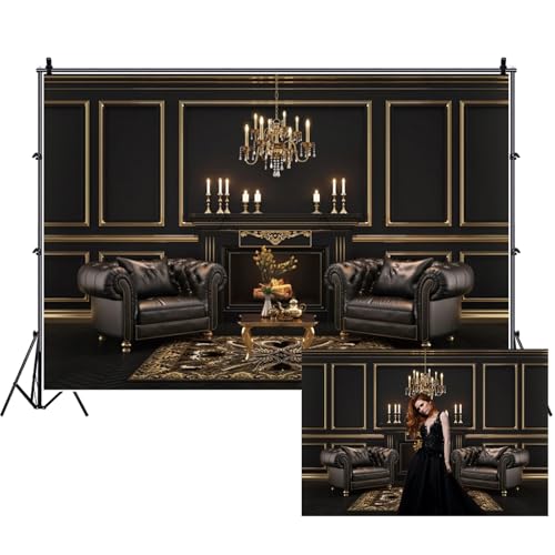 Renaiss Fabric Vintage Room Furnishing Backdrop Interior Black Golden Wall Background Sofa Chandelier Decoration Photo Shoot Studio Props Video Drop Wallpaper Drape 7x5ft - color: XH003, size: 7Wx5H FT