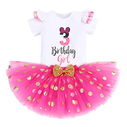 IBTOM CASTLE Cake Smash Half 1st 2nd 3rd Birthday Girl Princess Polka Dots Ruffle Skirt Set ONE Party Costume Headband - color: Hot Pink-3rd, size: 3T