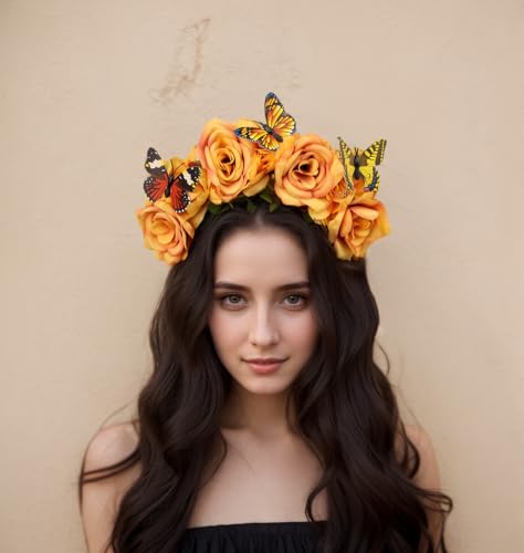 Elegant Butterfly Flower Headband for Women Boho Handmade Rose Floral Crown Wedding Bridal Festivals Cosplay Prom Photo Props Headpiece (A3 yellow, Adjustable) - color: A3 yellow