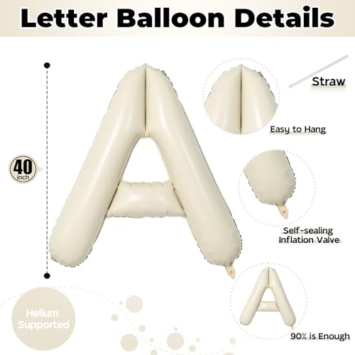 Cream A Letter Balloons, 40 Inch Alphabet Foil Name Beige, Large Self Inflating Letters A, White Sand Mylar Helium Custom for Girls Birthday Party Baby Shower Decoration - color: Cream, size: Letter A