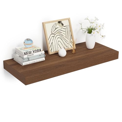 Heimlove 24 x 12 Inch Deep Floating Shelves Wall Mounted with Invisible Brackets,Storage Hanging Shelf for Wall Decor in Bathroom, Bedroom, Toilet, Kitchen, Living Room, Office Set of 1 (Walnut) - color: Walnut, size: 24"W x 12"D x 2"H, Set of 1