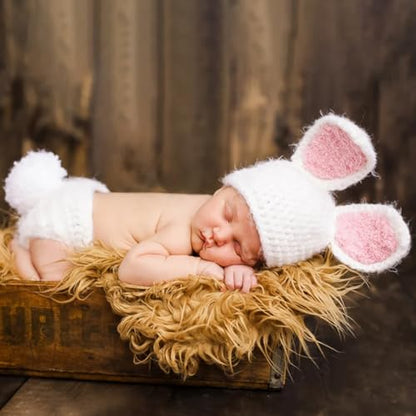ForBaysy Newborn Photography Props Boy Girl Crochet Bunny Costume Set Baby Photo Shoot Outfits with Rabbit Ear Hat - color: White Bunny Outfits