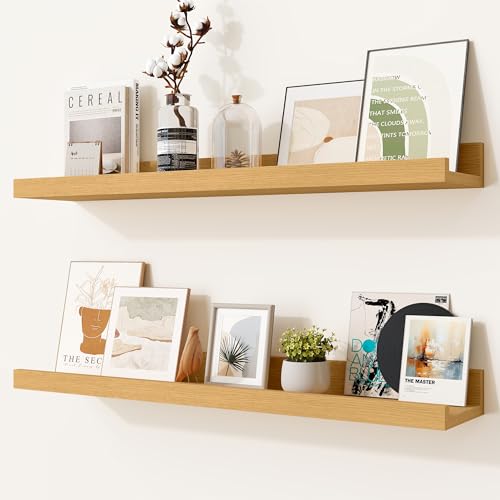 Heimlove Picture Ledge Shelf,24 inch Long Floating Shelves for Wall Set of 2,Picture Shelf with Lip for Wall Decor,Living Room,Bedroom,Bookshelf,Nursery,Perfume,Oak Color - color: Natural Oak, size: 24'', Set of 2