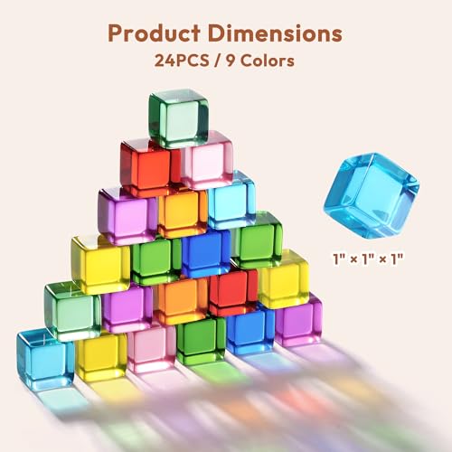 Woodtoe Rainbow Building Blocks for Toddlers, 24 PCS Acrylic Gem Cubes Stacking Blocks, Montessori Stacking Toy for 3 4 5 6 Year Old, Educational STEM Creative Sensory Toy Gifts for Kids Boys Girls - style: 24 PCS Rainbow Stacking Blocks