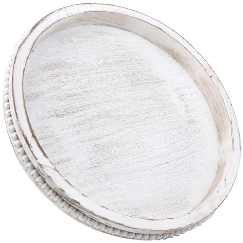 Hrastany Round Wood Serving Tray with Beaded, 13” Rustic Wooden Decorative Coffee Table Tray for Centerpiece, Ottoman, Farmhouse Circle Trays for Counter, Living Room, Home Decor (Whitewashed) - color: Round Whitewashed, size: 13"