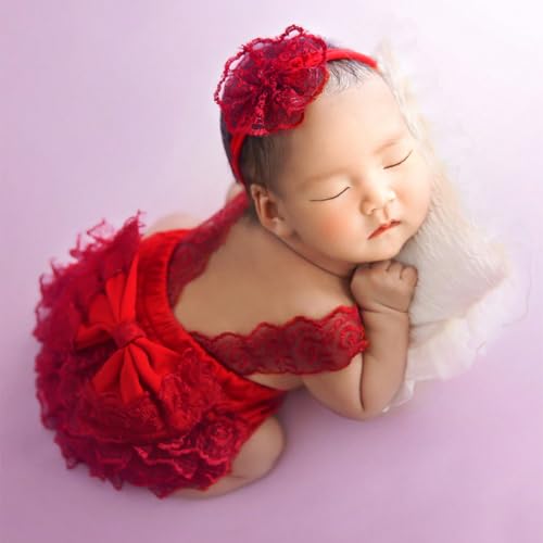 Ylsteed Newborn Photography Outfits - Girl Props Lace Romper Baby Photo Shoot Outfits Girls Photo Props (Strap Style - Red) - color: Red