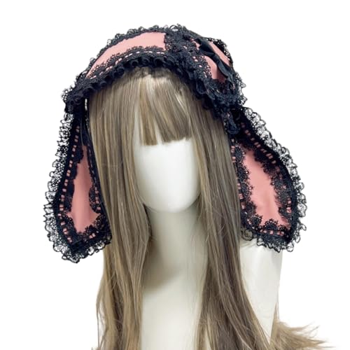 Rabbits Ears Hairband Photo Props Easter Hair Hoop Hairband Party Headpiece Fun Headbands for Music Festival - color: Pink & Black Lace