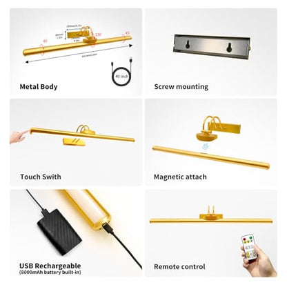26" Wireless Picture Lights, Rechargeable Battery Art Display Light with Remote Control, Dimmable/Timer Off Dartboard Light, 3 Lighting Modes Full Metal Painting Display Lights (Gold-2 Pack) - color: Gold-2 Pack
