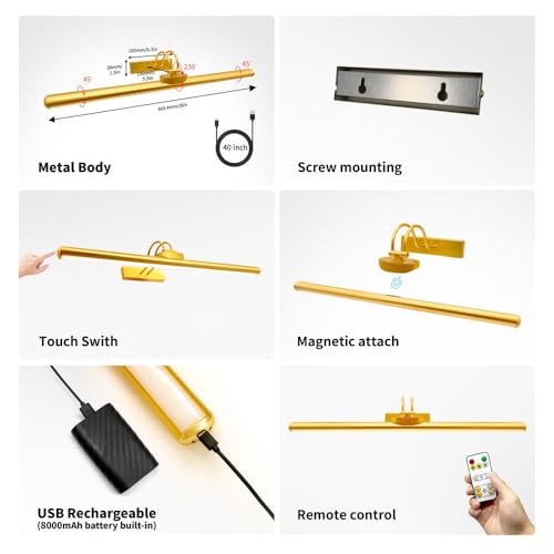 26" Wireless Picture Lights, Rechargeable Battery Art Display Light with Remote Control, Dimmable/Timer Off Dartboard Light, 3 Lighting Modes Full Metal Painting Display Lights (Gold-1 Pack) - color: Gold-1 Pack