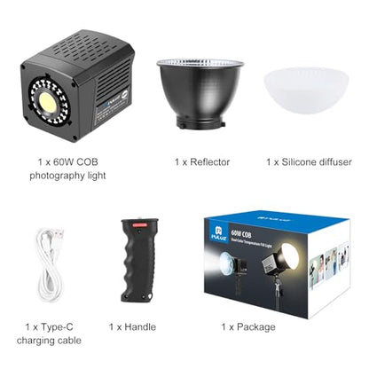 60W LED Video Light, PULUZ 2500K-6500K Dual Color Temp, 13000Lux CRI 95+ COB Fill Light with 10000mAh Rechargeable Battery & 8 Effects for Vlogging/Live Stream/Outdoor Shooting