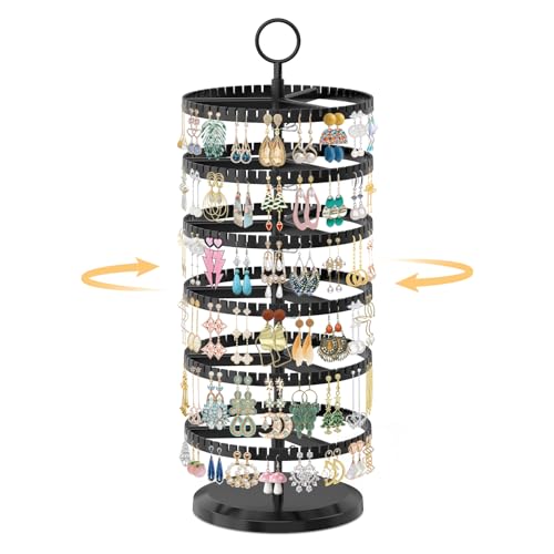 EsLuker.ly Earring Holder Organizer Rotating Stud Display Tree Rack with 342 U-Slots for Women Girls, Large Adjustable 6 Tier Plastic Storage Stand with Metal Tray for Pierced Hoop Post Earring, Black - color: Black