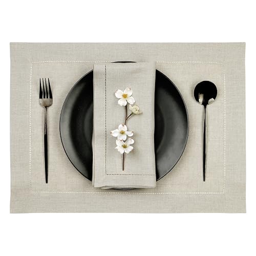 D'Moksha Homes Linen Placemats Set of 4 - Classic Hemstitch Natural Placemats 14 x 19 Inch - 100% Pure Linen Table Mats for Spring - Handcrafted and Machine Washable - color: 01 - Natural