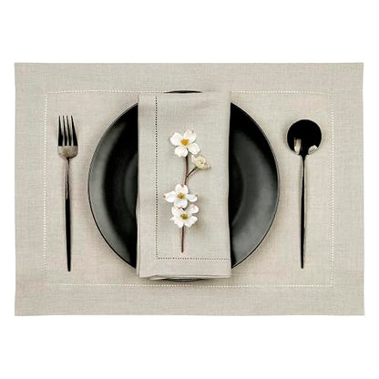 D'Moksha Homes Linen Placemats Set of 4 - Classic Hemstitch Natural Placemats 14 x 19 Inch - 100% Pure Linen Table Mats for Spring - Handcrafted and Machine Washable - color: 01 - Natural