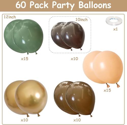 60 PCS Sage Green Brown Balloons Woodland Camo Army Balloon Olive Green Dark Brown Coffee Nude Gold Latex Balloons for Jungle Safari Wild One Hunting Dinosaur Birthday Baby Shower Party Decorations - color: Sage Brown