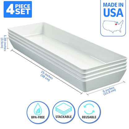 US Acrylic White Plastic Serving Trays (Set of 4) 15” x 5” | Narrow Unbreakable Reusable Rectangular Party Platters | Serve Appetizers, Fruit, Veggies, & Desserts | BPA-Free & Made in USA - color: White, size: 15" x 5"