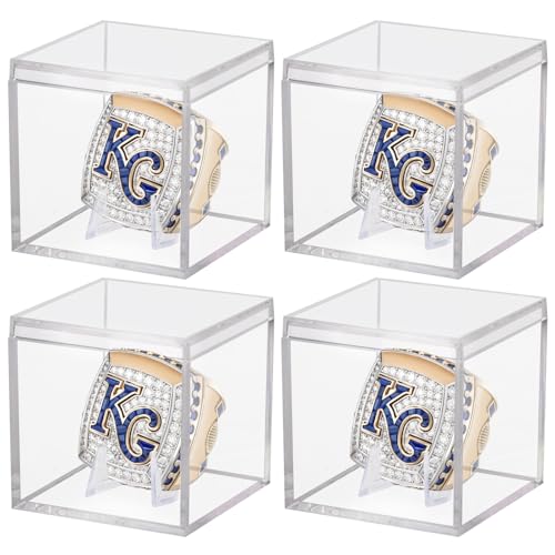 4 Pack Championship Ring Display Case Clear Acrylic Ring Case Display Box for Sports Baseball Softball Football Basketball Single Ring Coin Holder Stand, 2.16 Inch - size: 4 Pack