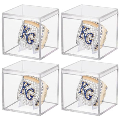 4 Pack Championship Ring Display Case Clear Acrylic Ring Case Display Box for Sports Baseball Softball Football Basketball Single Ring Coin Holder Stand, 2.16 Inch - size: 4 Pack