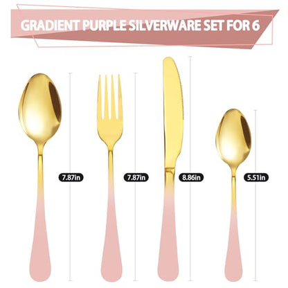 24 Pieces Flatware Set, Stainless Steel Cutlery Set with Silverware Holder, Modern Gold Silverware Set Includes Dinner Knives Forks Spoons,Hanging Silverware Set Service for 6 (Pink) - color: Pink