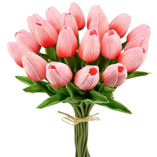Mandy's Coral Artificial Tulips Flowers Centerpiece, 13.5" Lifelike PU Fake Floral Stems 20pcs for Kitchen Island & Dining Table, Spring Decor for Easter - color: Coral