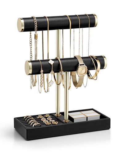 VLANDO 2 Tier Bracelet Holder Organizer with Tray - Leather Jewelry Stand Organizer for Women - Jewelry Holder Display for Necklace, Watches, Rings, Earrings, Bangle, Scrunchie - Black - color: C. Black, size: 2 Tier
