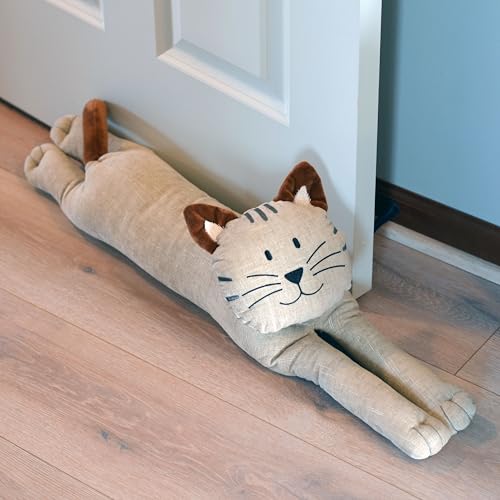 Kitty Cat Draught Door Stopper, Soft Beige Grey Flax Linen and Cotton, Curly Brown Ears and Tail, 29.75 Inches Long, 4.75 lbs. - color: Beige
