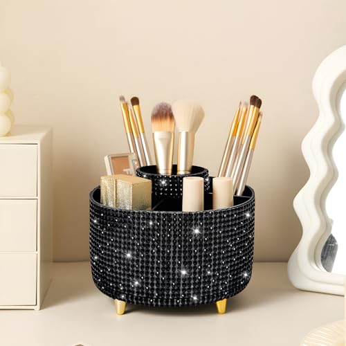 Diesisa Bling Diamond 360° Makeup Brush Holder Organizer, Rotating Makeup Brush Organizer,5 Slot Make up Brushes Cup for Cosmetics, Vanity Desktop Organizer, Gift for Women Teen Girls- Diamond Black - color: Diamond Black