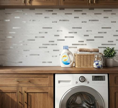 Yipscazo 10 Sheets Peel and Stick Stone Metal Tile Backsplash, Stick on Tiles for Backsplash Kitchen, Bathroom, Laundry Room, Camper, Fireplace (12'' X 12'', White Stone with Metal) - color: White Stone With Metal