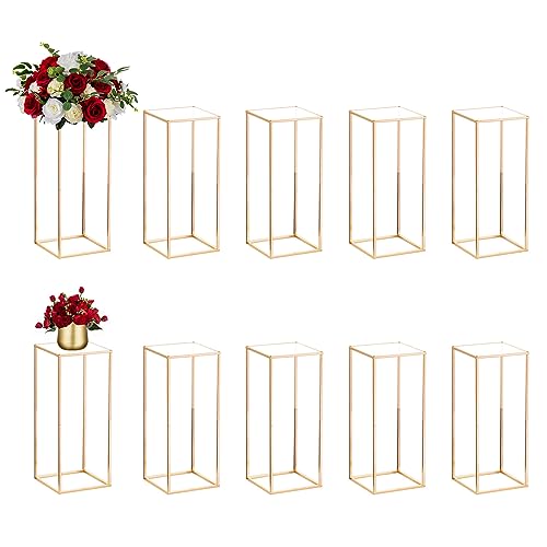 Nuptio Wedding Centerpieces Gold Vases: 10 Pcs 23⅝ inch Tall Flower Stand Metal Floor Vase Column Geometric Centerpiece Stands Rectangular Display Rack for Weddings Party Decoration - size: 23⅝" H X 10 Pcs