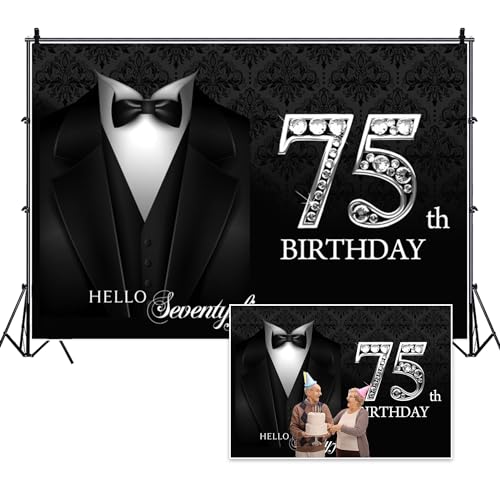 5x3ft Happy 75th Birthday Backdrop Gentleman Black Tuxedo Suit Necktie Hello Seventy Five Photography Background for Men Father Grandpa Birthday Party Decorations Cake Table Banner Vinyl - color: black silver 75, size: 5x3ft
