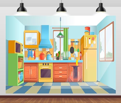 12x8ft Fabric Cartoon Kitchen Background Baking Cooking Party Decorations Kitchen Backdrops for Photography Bake Class Banner Baby Children Photoshoot Photo Props - size: 12x8ft