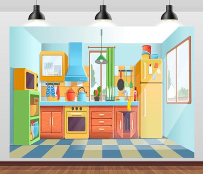 20x10ft Fabric Cartoon Kitchen Background Baking Cooking Party Decorations Kitchen Backdrops for Photography Bake Class Banner Baby Children Photoshoot Photo Props - size: 20x10ft