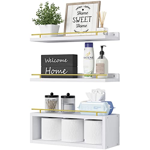 WOPITUES Floating Shelves for Wall with Cube Shelf, Wall Shelves with Metal Rail for Decor, Bathroom Organizers and Storage, Over Toilet Shelves for Bathroom, Toilet Paper-White&Gold - color: Gold & White, size: 15.7 inch