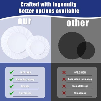 U-QE 60 Pcs White Plastic Plates for Party – Scalloped Plastic Plates Heavy Duty & Elegant – Include 30 10" Dinner & 30 7" Dessert Plate - Perfect for Party & Wedding - color: White