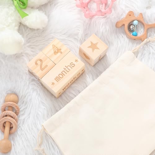 Wonderjune Boho Baby Monthly Milestone Blocks Set of 4 Wooden Baby Age Milestone Signs with Drawstring Bag Months Weeks Years Days Blocks for Newborn Photo Props Keepsake