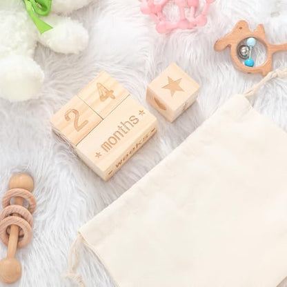 Wonderjune Boho Baby Monthly Milestone Blocks Set of 4 Wooden Baby Age Milestone Signs with Drawstring Bag Months Weeks Years Days Blocks for Newborn Photo Props Keepsake