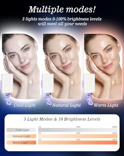 60 LED Portable Selfie Light Video Conference Lighting with Clip & Camera Tripod Adapter Rechargeable 2000mAh CRI 97+, 3 Light Modes for Phone iPhone Webcam Laptop Photo Makeup (Dreamy Blue)
