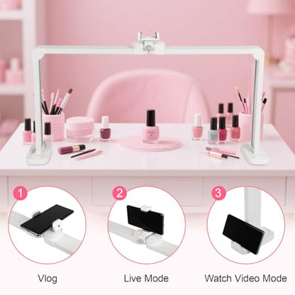 34in Half Moon Light for Nail Desk, Foldable LED Lamp with Phone Holder, Nail Art, Tattooing, Craft Making, Stepless Dimming, 3000-6000K Color Temperature Adjustment, 456 Light Beads, White - color: White
