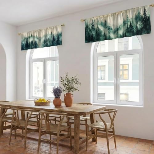 Misty Pine Forest Pattern Curtains, Two-Pack, Watercolor Nature Landscape, Rod Pocket Curtains, Short Style, Suitable for Kitchen, Bathroom, Bedroom, 54x18 inches. - color: Misty Pine Forest