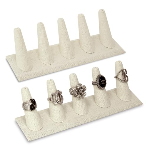 MOOCA 2 Pcs Set Ring Organizer for Showcase Display Drawer 5 Long Ring Storage Holder Jewelry Display Stands Showcase Jewelry Storage Counter, Beige Linen, 8 W x 2 1/8 D x 2 1/2 H in - color: 4) Beige Linen