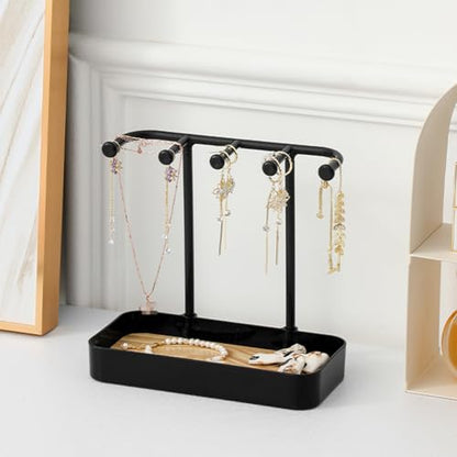esowemsn 1PC Black Desktop Jewelry Organizer Stand Plastic Earring Holder Keychain Bracelet Holder with Wooden Tray 5 Hooks Necklaces Hanging for Necklaces,Bracelets,Chains,Rings,Earrings,Keys - color: Black